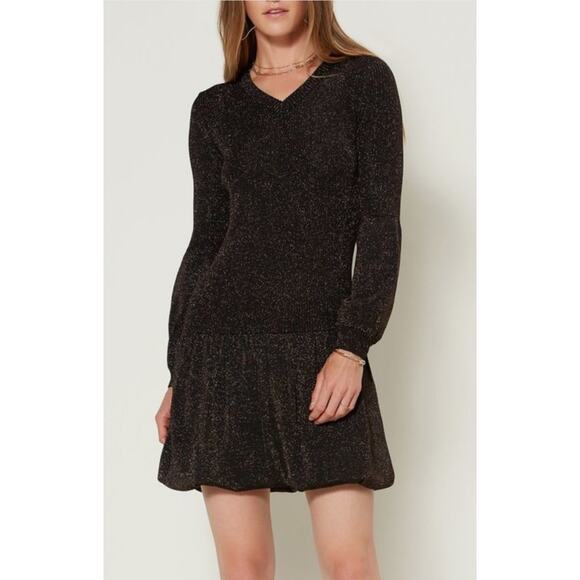 Current Air Black & Gold Shimmer Long Sleeve Bubble Waist Dress Women's Large - Picture 1 of 8